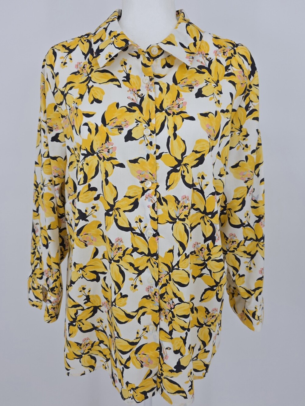 Foxcroft‎ 18W Yellow Floral Button Front Shirt 100% Cotton Non Iron Blouse